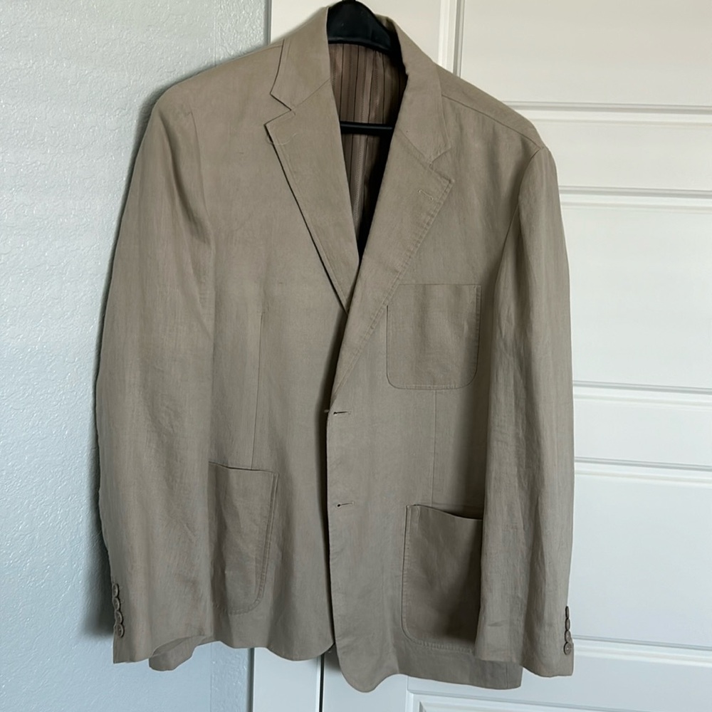 Men’s Michael Brandon 44 R tan-colored linen jacket. Fully lined inner; V-good!